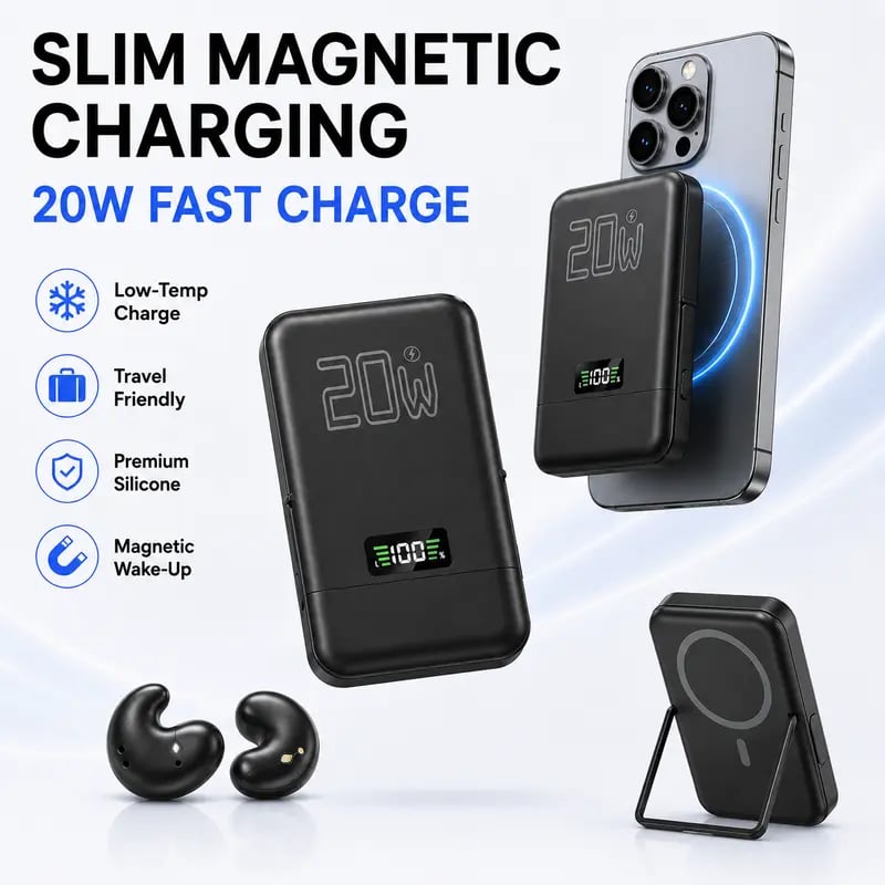 🎧 3-in-1 Magnetic Power Bank with Wireless Bluetooth Earbuds – 20W Fast Charging Phone Charger Pad, Noise Isolating Sleep Earphones, Fold-Out Stand & LED Battery Display for Travel & Daily Carry