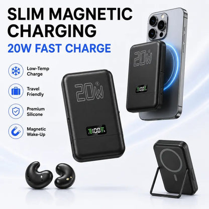 🎧 3-in-1 Magnetic Power Bank with Wireless Bluetooth Earbuds – 20W Fast Charging Phone Charger Pad, Noise Isolating Sleep Earphones, Fold-Out Stand & LED Battery Display for Travel & Daily Carry