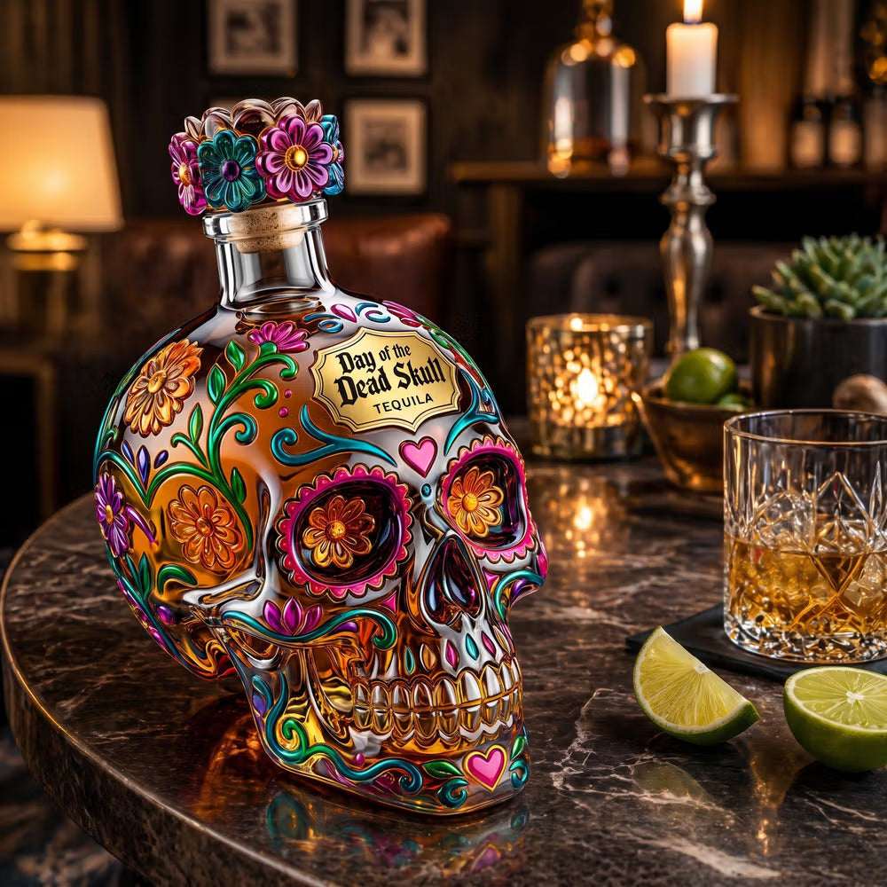 Day of the Dead Sugar Skull Glass Decanter, Hand Painted Floral Skull Liquor Bottle, Bar Home Decor, Gift for Tequila/Whiskey Lovers