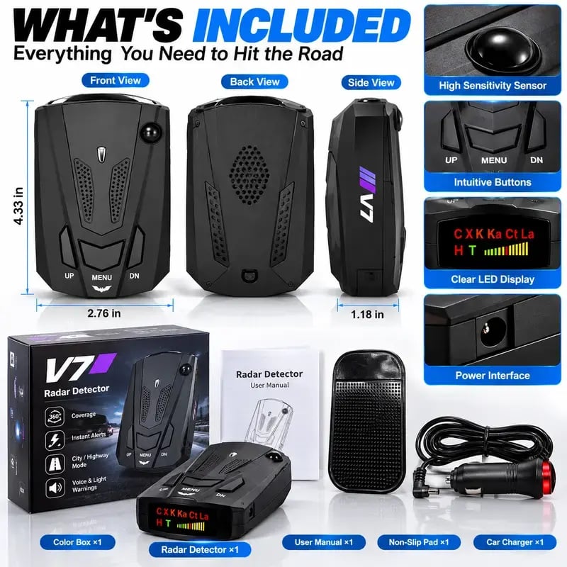 🚗GPS Speed Reminder & 360° Radar Detector – Voice & LED Alerts