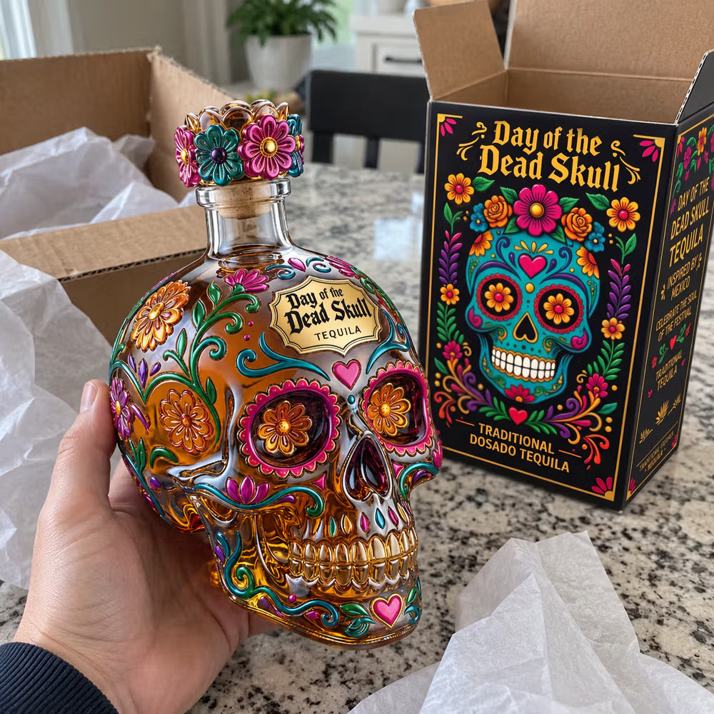 Day of the Dead Sugar Skull Glass Decanter, Hand Painted Floral Skull Liquor Bottle, Bar Home Decor, Gift for Tequila/Whiskey Lovers