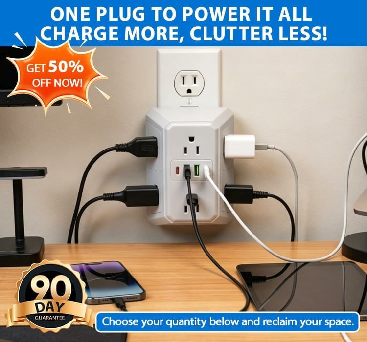 🔌USB Wall Charger, Surge Protector, 6-Outlet Extender with 4 USB Charging Ports, 3-Sided Power Strip Wall Adapter