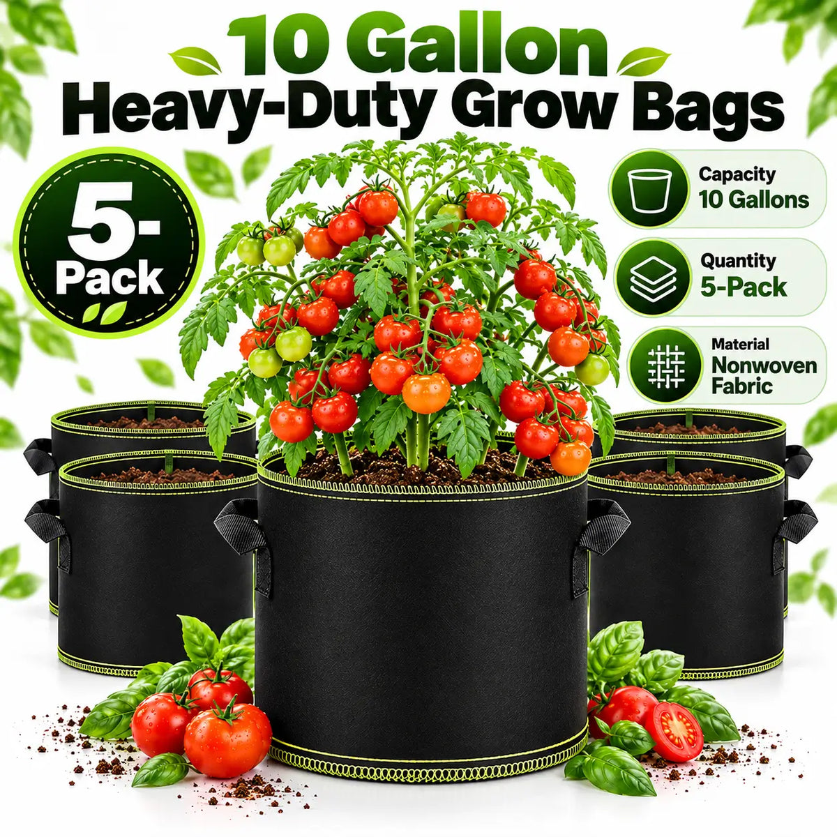 🌿 🥔Heavy Duty 5&10 Gallon Grow Bags 🥕🍅– Fabric Pots with Handles for Garden Plants