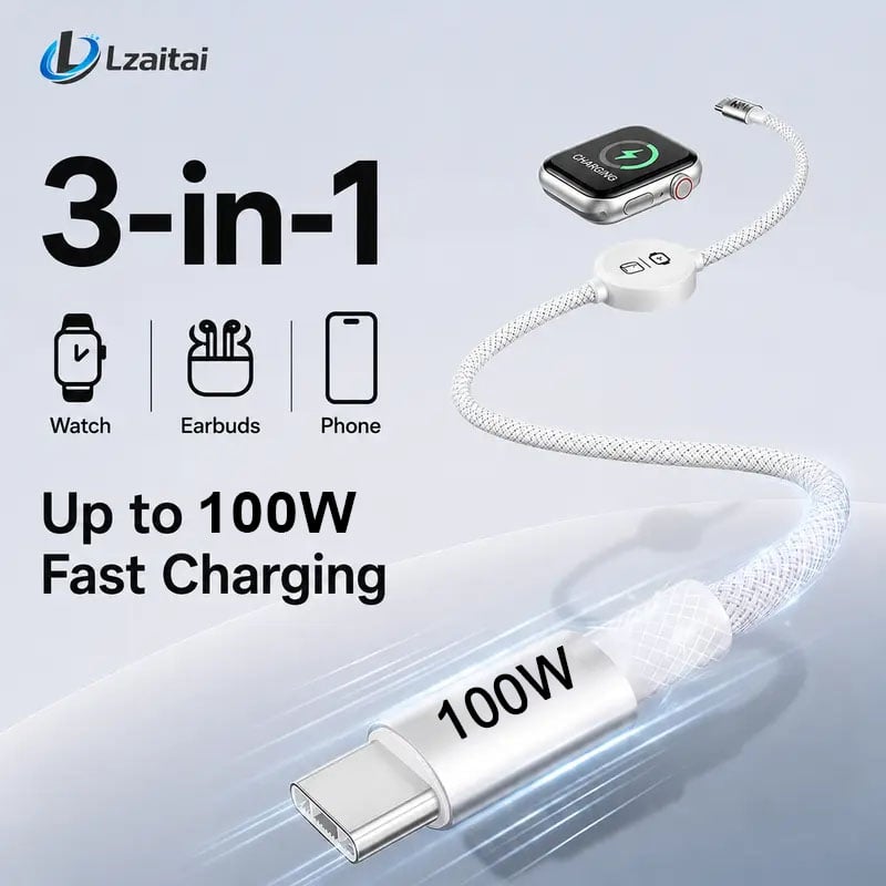 ⚡100W 3-in-1 USB-C Travel Charger – Portable Magnetic Watch Charger with 5FT Braided Fast Charging Cable for iPhone, Apple Watch, AirPods, Laptops & Samsung