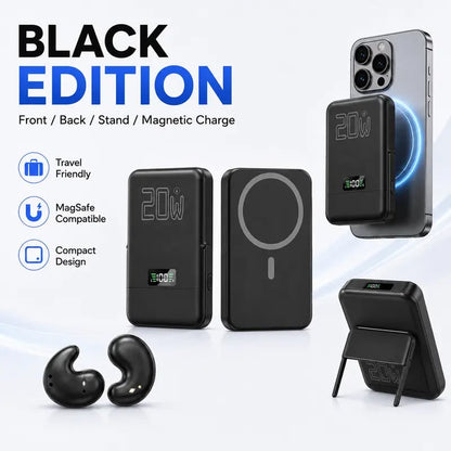 🎧 3-in-1 Magnetic Power Bank with Wireless Bluetooth Earbuds – 20W Fast Charging Phone Charger Pad, Noise Isolating Sleep Earphones, Fold-Out Stand & LED Battery Display for Travel & Daily Carry