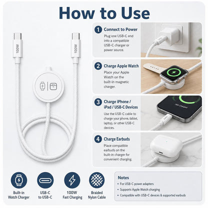 ⚡100W 3-in-1 USB-C Travel Charger – Portable Magnetic Watch Charger with 5FT Braided Fast Charging Cable for iPhone, Apple Watch, AirPods, Laptops & Samsung