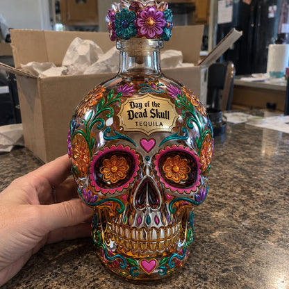 Day of the Dead Sugar Skull Glass Decanter, Hand Painted Floral Skull Liquor Bottle, Bar Home Decor, Gift for Tequila/Whiskey Lovers