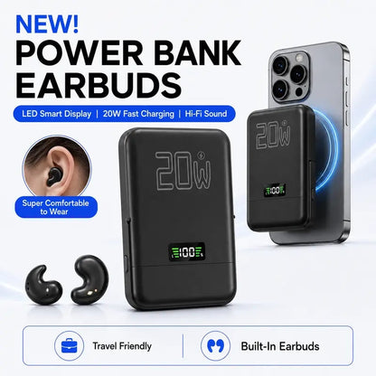 🎧 3-in-1 Magnetic Power Bank with Wireless Bluetooth Earbuds – 20W Fast Charging Phone Charger Pad, Noise Isolating Sleep Earphones, Fold-Out Stand & LED Battery Display for Travel & Daily Carry