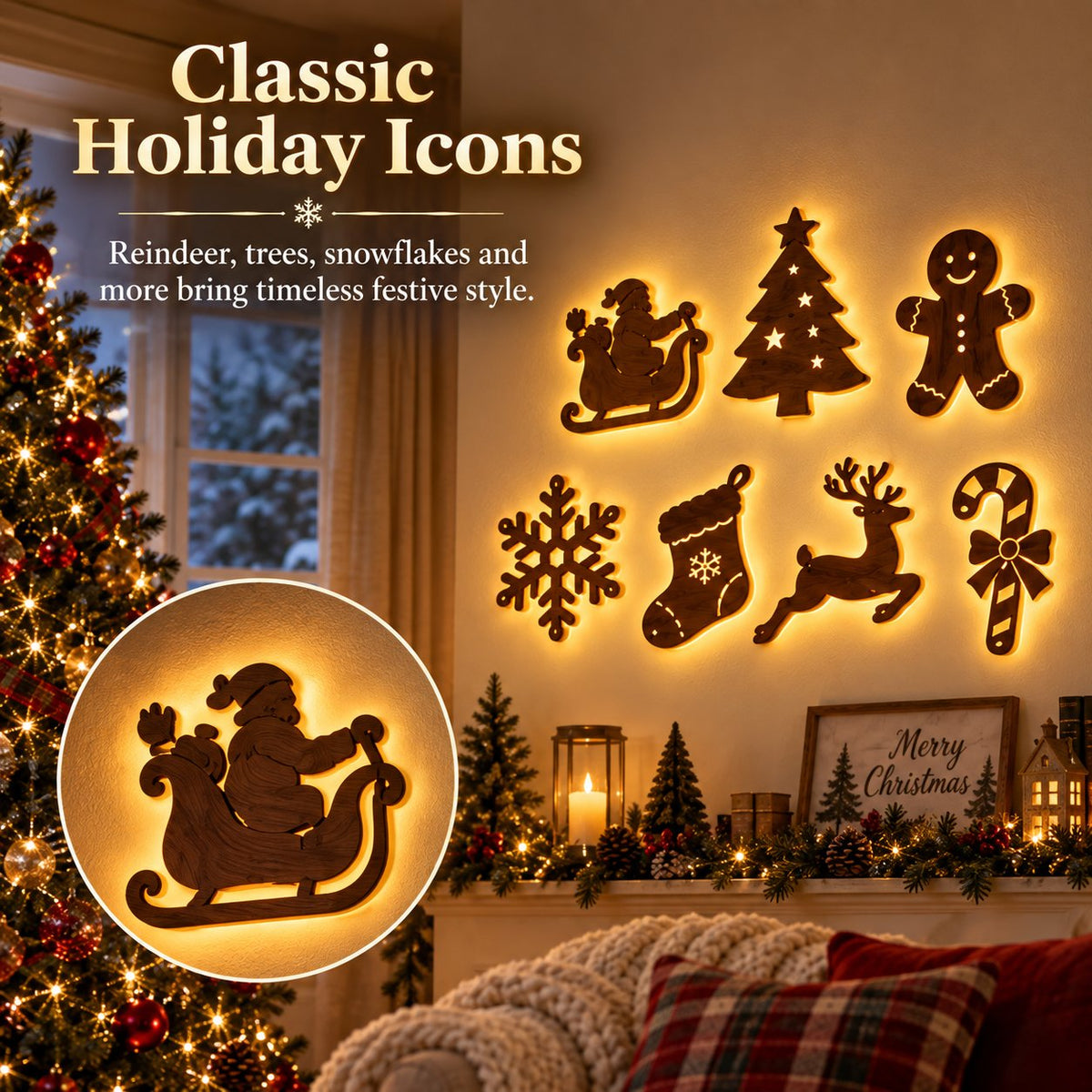🎄 Light-Up Christmas Wall Decoration – Reindeer & Christmas Motifs, 7-Piece Decor Set, 6 Variants to Choose From