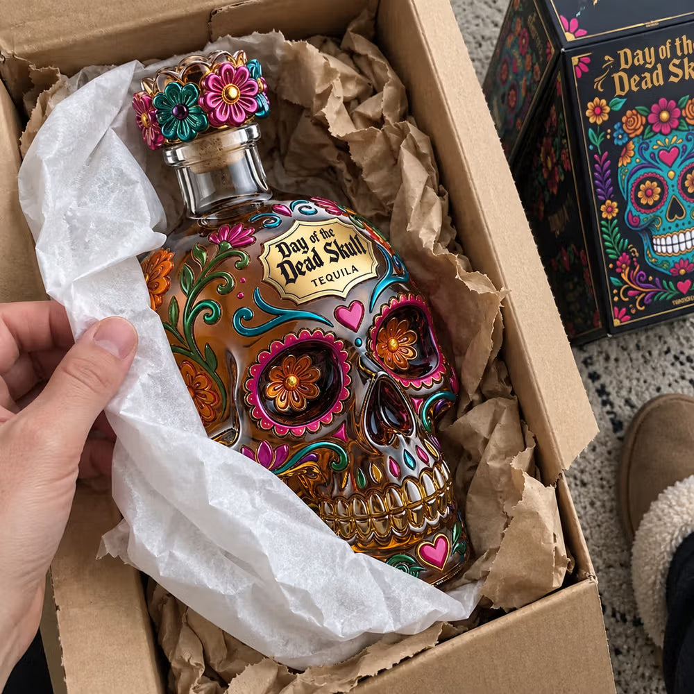 Day of the Dead Sugar Skull Glass Decanter, Hand Painted Floral Skull Liquor Bottle, Bar Home Decor, Gift for Tequila/Whiskey Lovers