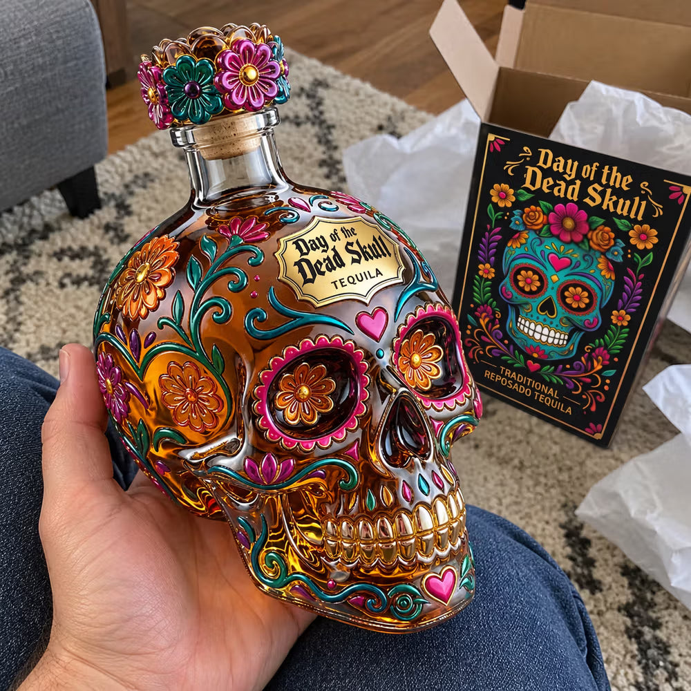 Day of the Dead Sugar Skull Glass Decanter, Hand Painted Floral Skull Liquor Bottle, Bar Home Decor, Gift for Tequila/Whiskey Lovers