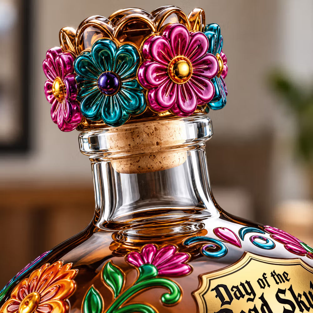 Day of the Dead Sugar Skull Glass Decanter, Hand Painted Floral Skull Liquor Bottle, Bar Home Decor, Gift for Tequila/Whiskey Lovers
