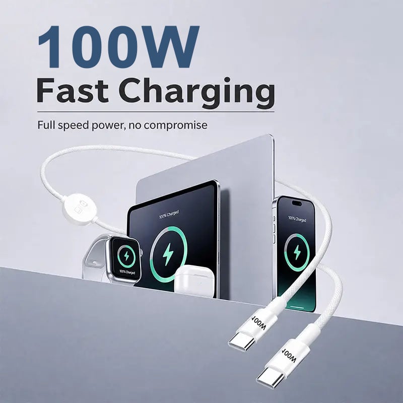 ⚡100W 3-in-1 USB-C Travel Charger – Portable Magnetic Watch Charger with 5FT Braided Fast Charging Cable for iPhone, Apple Watch, AirPods, Laptops & Samsung