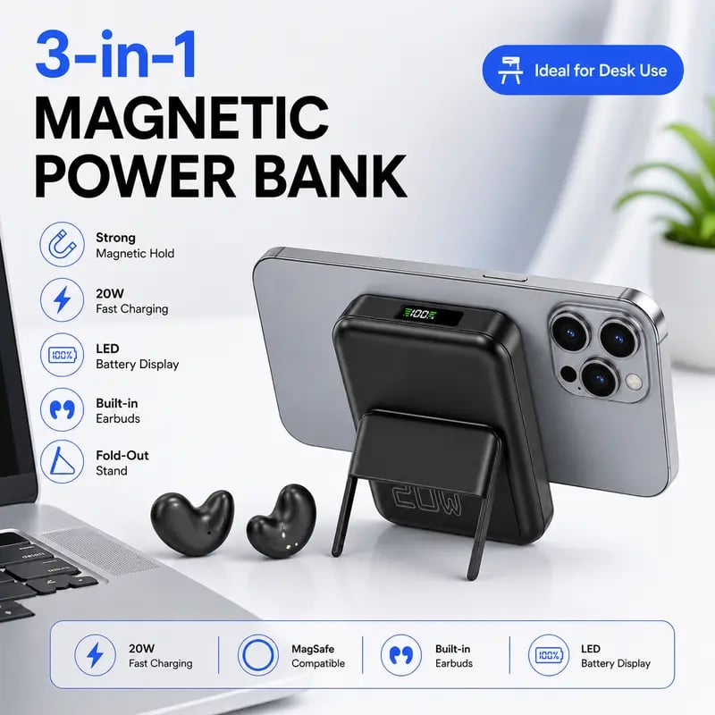 🎧 3-in-1 Magnetic Power Bank with Wireless Bluetooth Earbuds – 20W Fast Charging Phone Charger Pad, Noise Isolating Sleep Earphones, Fold-Out Stand & LED Battery Display for Travel & Daily Carry