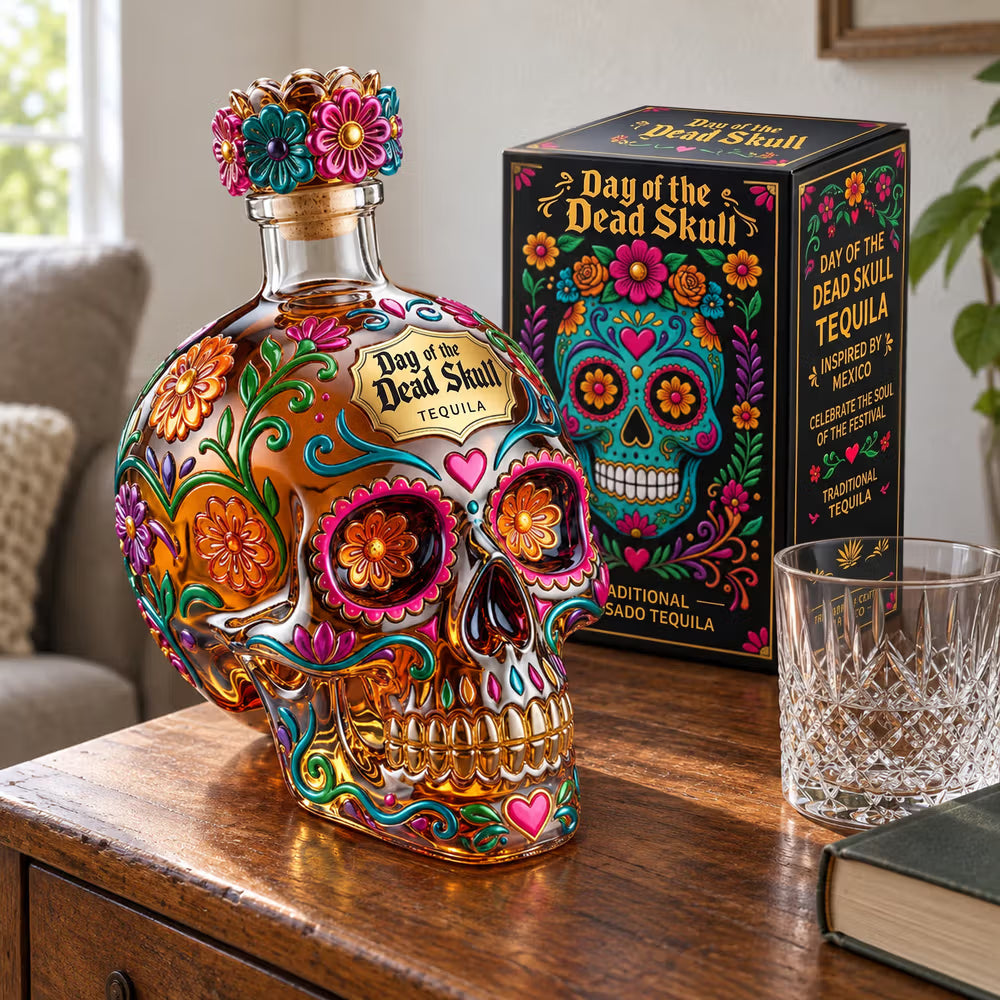 Day of the Dead Sugar Skull Glass Decanter, Hand Painted Floral Skull Liquor Bottle, Bar Home Decor, Gift for Tequila/Whiskey Lovers