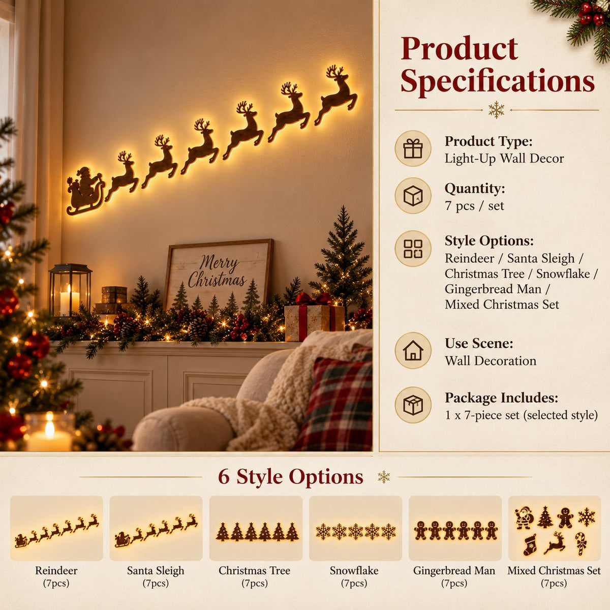 🎄 Light-Up Christmas Wall Decoration – Reindeer & Christmas Motifs, 7-Piece Decor Set, 6 Variants to Choose From