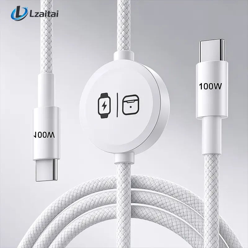 ⚡100W 3-in-1 USB-C Travel Charger – Portable Magnetic Watch Charger with 5FT Braided Fast Charging Cable for iPhone, Apple Watch, AirPods, Laptops & Samsung