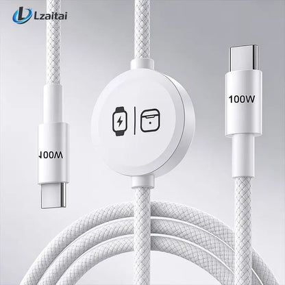 ⚡100W 3-in-1 USB-C Travel Charger – Portable Magnetic Watch Charger with 5FT Braided Fast Charging Cable for iPhone, Apple Watch, AirPods, Laptops & Samsung