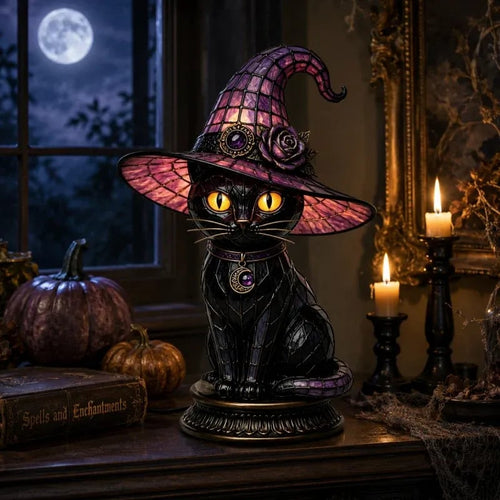 🔥Gothic Halloween Witch and Cat Table Lamp