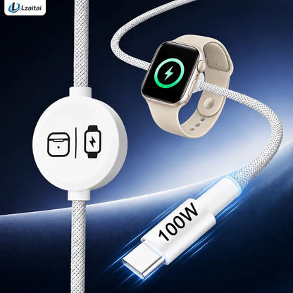⚡100W 3-in-1 USB-C Travel Charger – Portable Magnetic Watch Charger with 5FT Braided Fast Charging Cable for iPhone, Apple Watch, AirPods, Laptops & Samsung