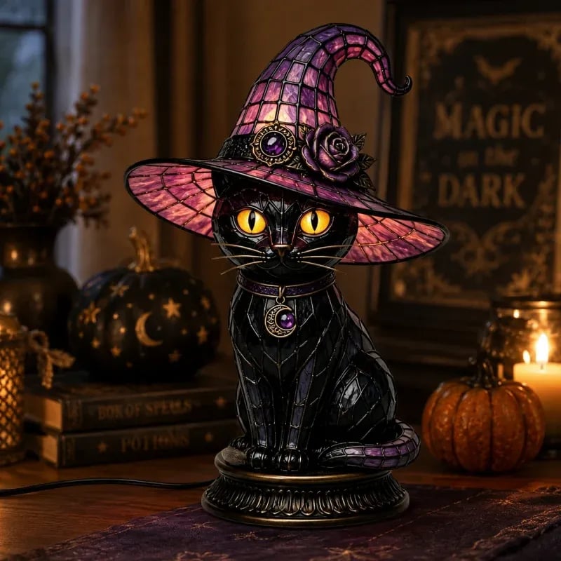 🔥Gothic Halloween Witch and Cat Table Lamp