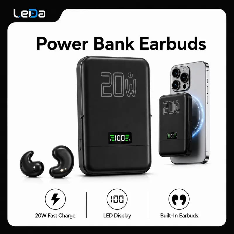 🎧 3-in-1 Magnetic Power Bank with Wireless Bluetooth Earbuds – 20W Fast Charging Phone Charger Pad, Noise Isolating Sleep Earphones, Fold-Out Stand & LED Battery Display for Travel & Daily Carry