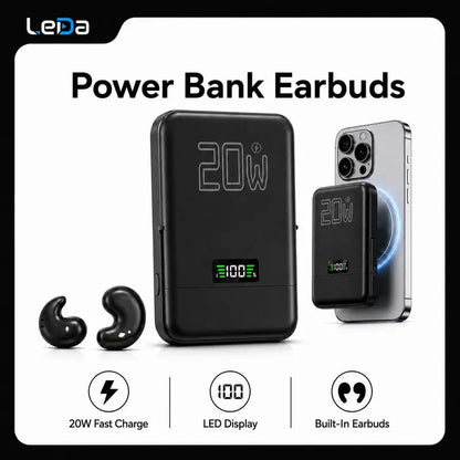 🎧 3-in-1 Magnetic Power Bank with Wireless Bluetooth Earbuds – 20W Fast Charging Phone Charger Pad, Noise Isolating Sleep Earphones, Fold-Out Stand & LED Battery Display for Travel & Daily Carry