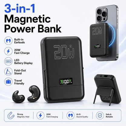 🎧 3-in-1 Magnetic Power Bank with Wireless Bluetooth Earbuds – 20W Fast Charging Phone Charger Pad, Noise Isolating Sleep Earphones, Fold-Out Stand & LED Battery Display for Travel & Daily Carry