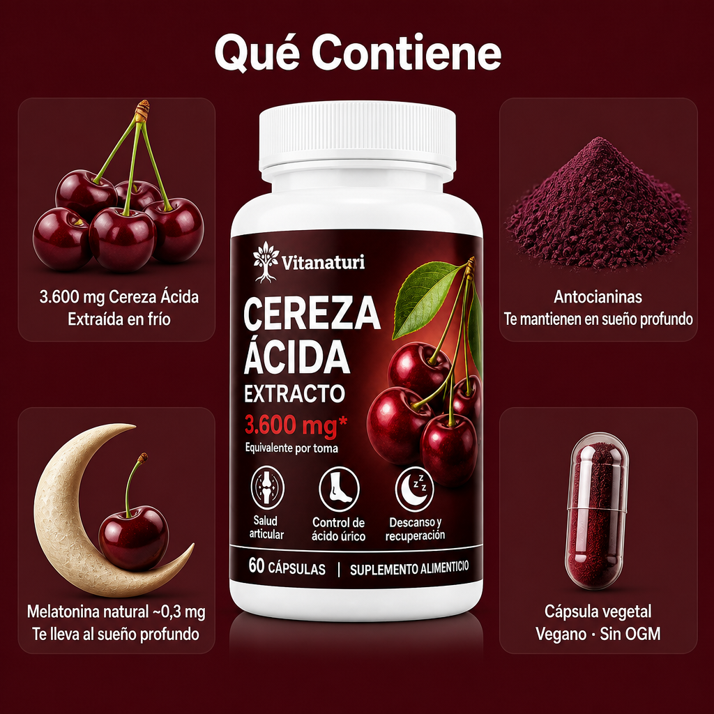 Vitanaturi® Extracto de Cereza Ácida Extraído en Frío – 3.600 mg | Sueño Profundo y Melatonina Natural