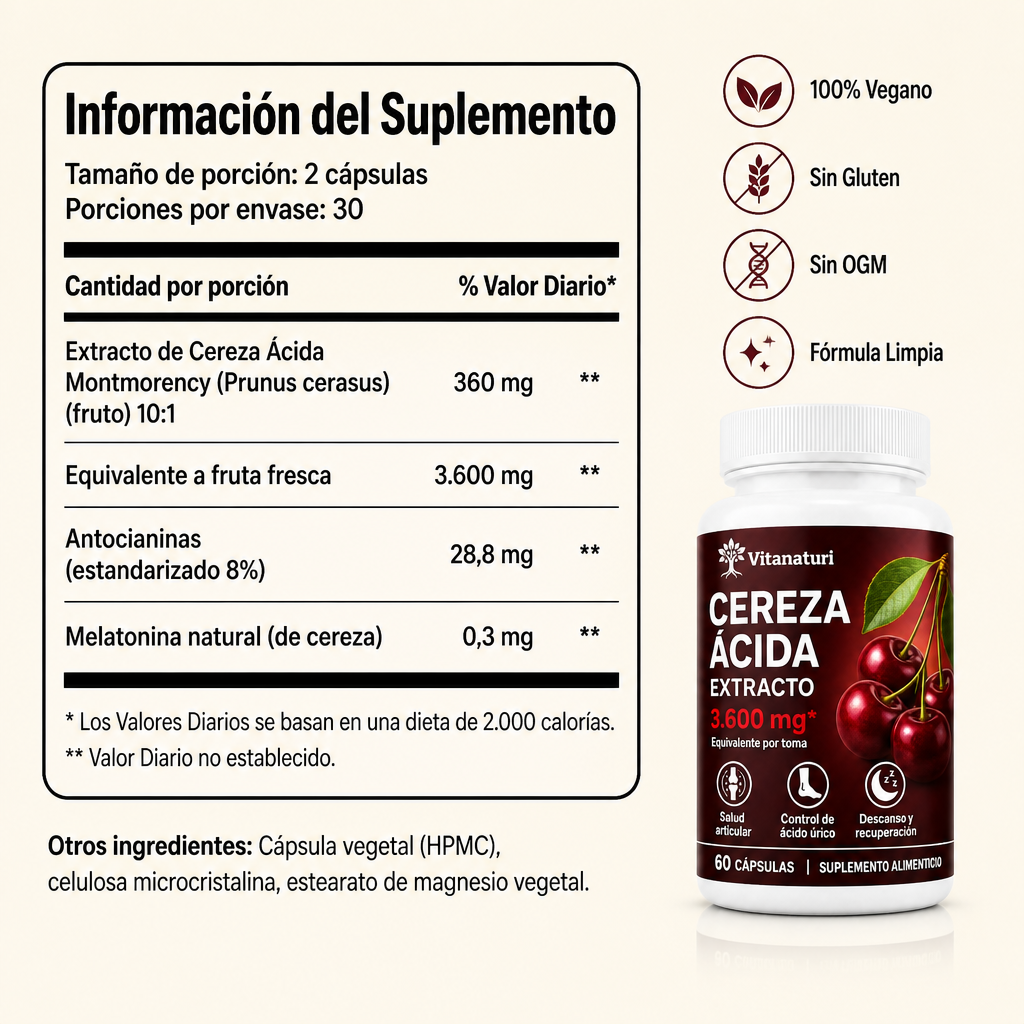 Vitanaturi® Extracto de Cereza Ácida Extraído en Frío – 3.600 mg | Sueño Profundo y Melatonina Natural