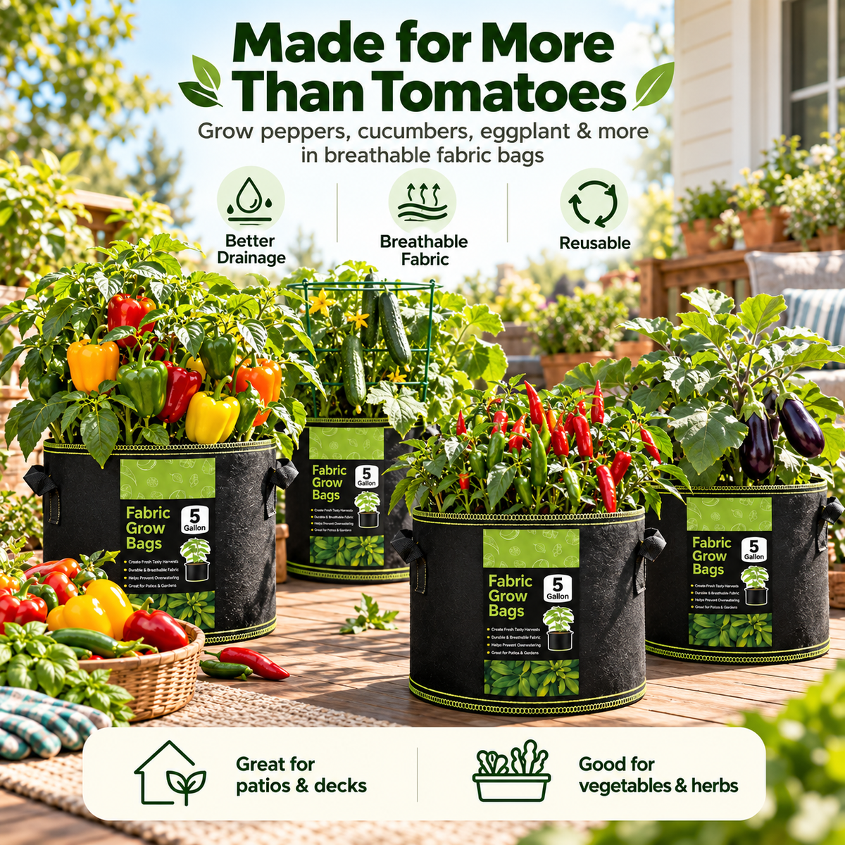 🌿 🥔Heavy Duty 5&10 Gallon Grow Bags 🥕🍅– Fabric Pots with Handles for Garden Plants